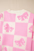 Pink Bowknot Checkered Pattern V Neck Drop Shoulder Button Up Cardigan